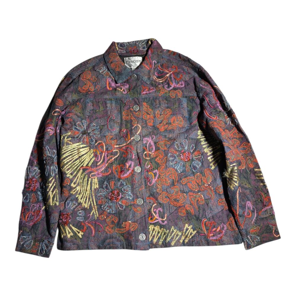 Vtg 1990s Chico's Black Denim Heavy Floral Embroidered Button Up Jacket Sz 1 M